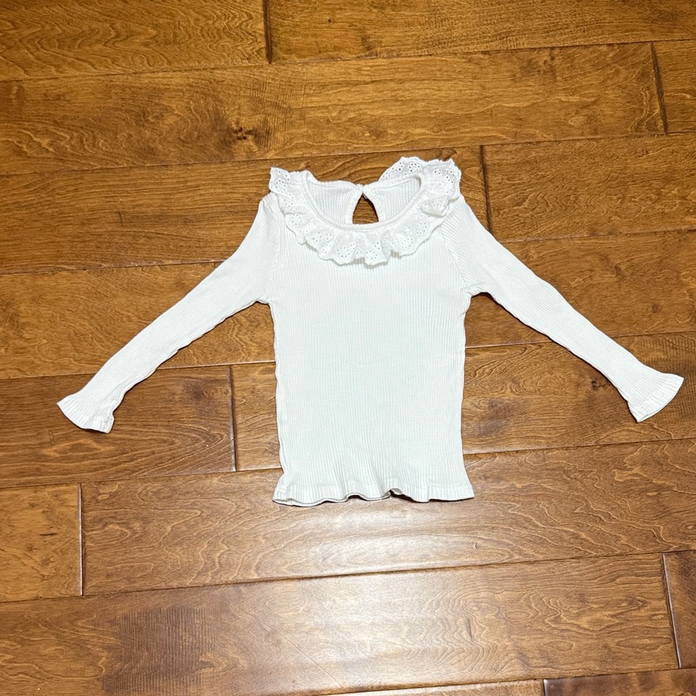 Used Size 3 SHEIN Girls' White Lace-Trim Ribbed Long-Sleeve Top